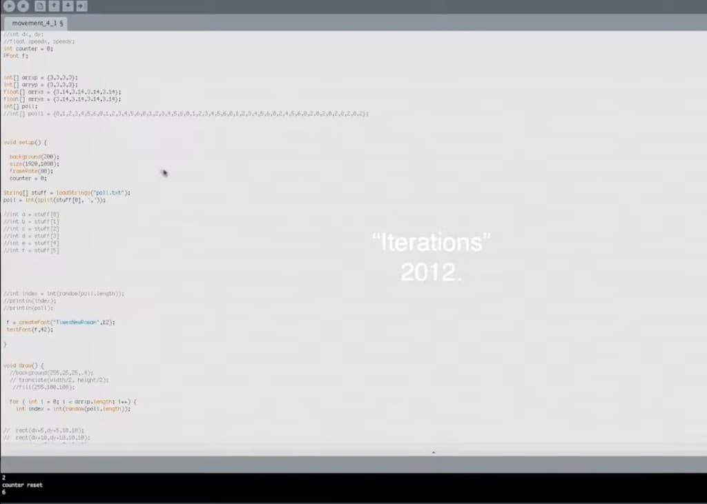 Processing sketch Iterations, 2012, source and rendered title in one frame