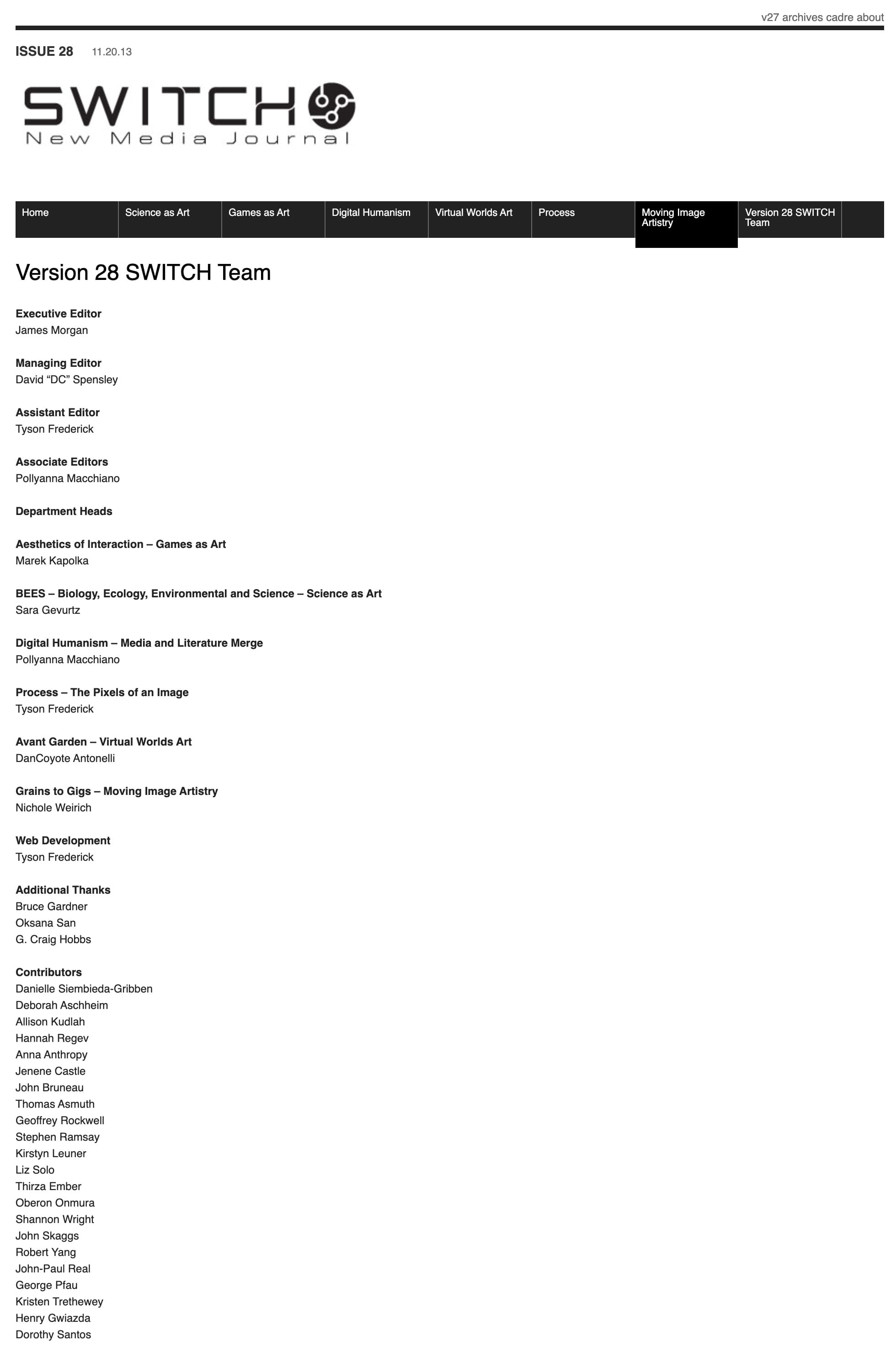 SWITCH Issue 28 masthead and staff list, naming Tyson Frederick as Assistant Editor, head of Process, and Web Development